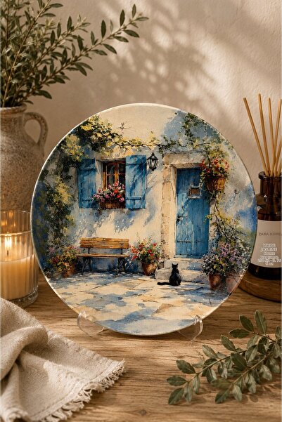 Baykuşca Decorative Wall Plate |   Blue Doorkeeper House Black Cat |   Gift f...