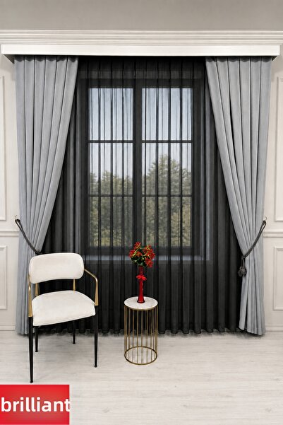 Brillant Noul sezon Design elegant Perdea din tul negru cu pliuri dense, nu n...