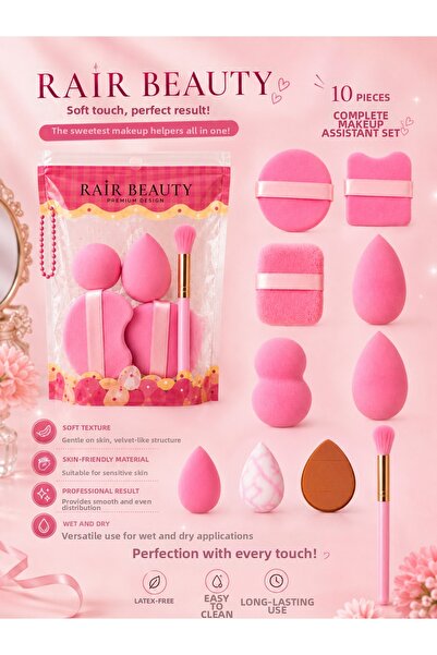 RAİR BEAUTY Professional 10 Piece Makeup Brush and Sponge Set Pink
