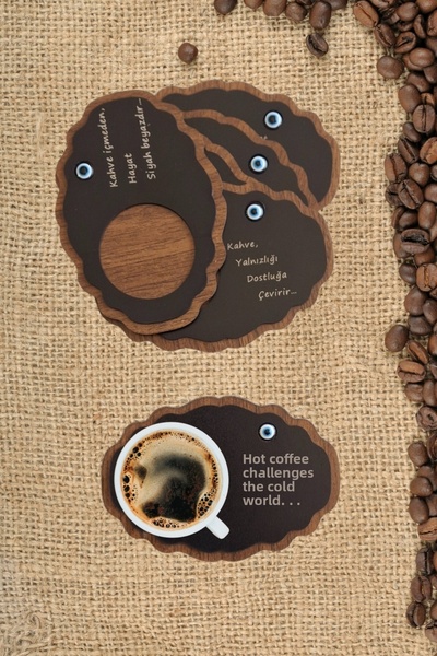 Kutaydan 6 Piece Wooden Laser Cut Plate, Bowl Set with Evil Eye Beads