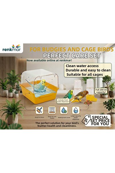 renkmar Yellow Bath Tub and Yellow Double Water Bowl 200ml for Lovebirds Cana...