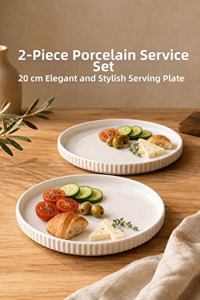 Vienev 2 Piece 20 cm Porcelain Serving Plate Set - Modern Striped Round Prese...