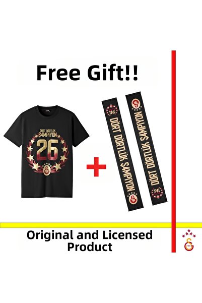 Galatasaray Licensed 2026 Championship Black T-Shirt and 26 Championship Scarf