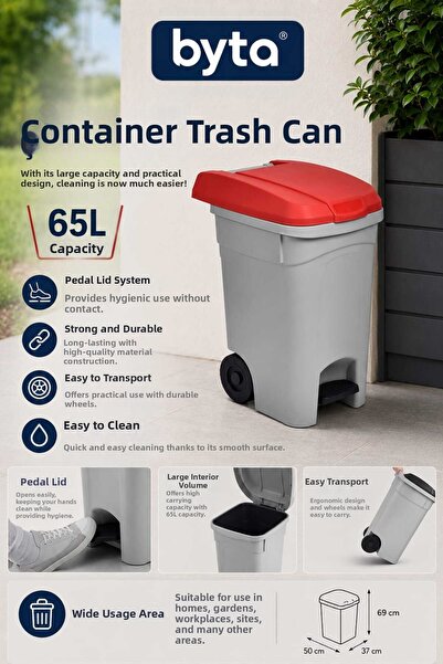 BYTA 65 Liter Pedal Wheeled Container Trash Can Grey/Red Lid Home, Office and...
