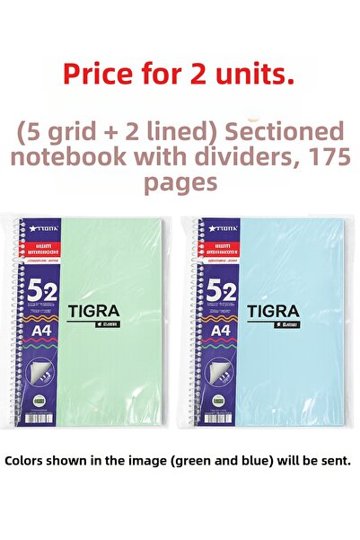 Tigra 2 Pcs 175 Page Sectioned Notebook 5+2 Sections 5 Squares 2 Lines Plasti...