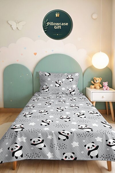 Evimde Bambaşka Gray Panda Star Boys' Room Single Pique Set - Cute Modern 160...