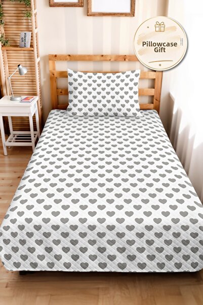 Evimde Bambaşka Gray Heart Modern Young Room Single Pique Set - White Minimal...