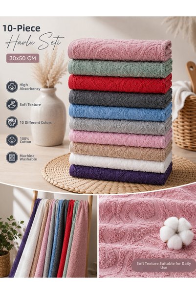 Vivesta Home 10-Piece Kitchen Towel Set 30X50 cm Cotton Drying Cloth Colorful Hand Towels High Absorbent Multi-Purpose
