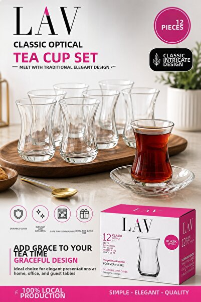 kumkumticaret Classic Optical Tea Cup Set 12 Pieces Slim-Waisted Glass Tea Cu...