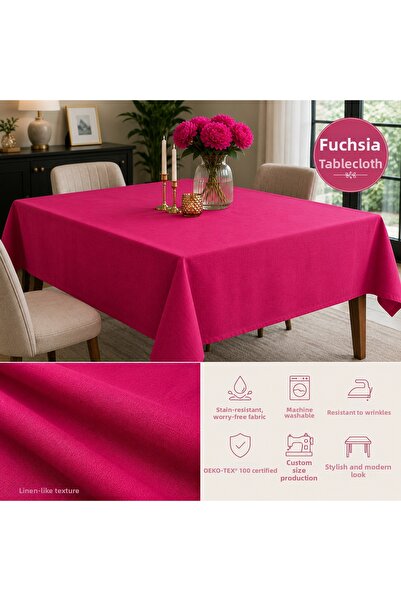 Meral Kurşun Collection Liquid-Proof Linen Fuchsia Tablecloth |   Custom Size...