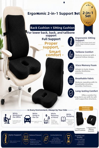 VISCORA 2-Piece Orthopedic Visco Cushion Set – Ergonomic Lumbar, Back, and Tailbone Support