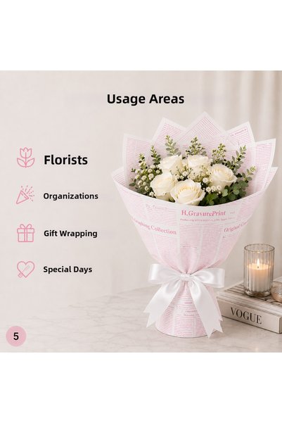 ÇINARASYADAHOME White Pink English Newspaper Patterned Bouquet Wrapping Paper 57X57 cm Flower and Gift Package 4 Pieces