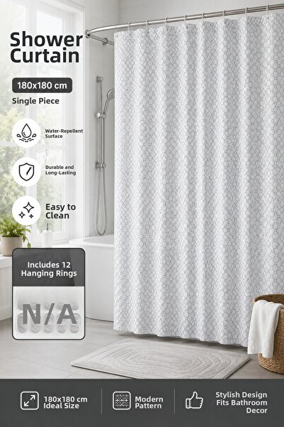 Binbirreyon Patterned Shower Curtain 12 Piece Ring Set White 180X180Cm Lc059
