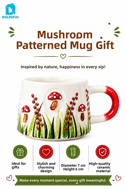 DolphFin Mushroom Patterned Ceramic Mug Embossed Gift Coffee Tea Cup 7X6 cm
