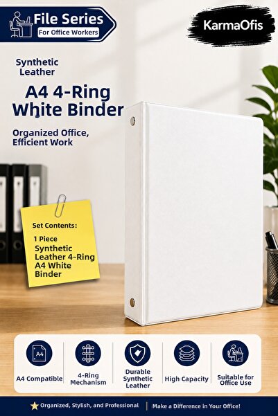 KarmaOfis A4 4-Ring White Faux Leather Folder |   Office and Document Organiz...