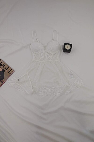 Συλλογή Trendyol Λευκό τούλι με ρίγες, ίσιο σταθερό καπάκι Babydoll THMAW26CY...