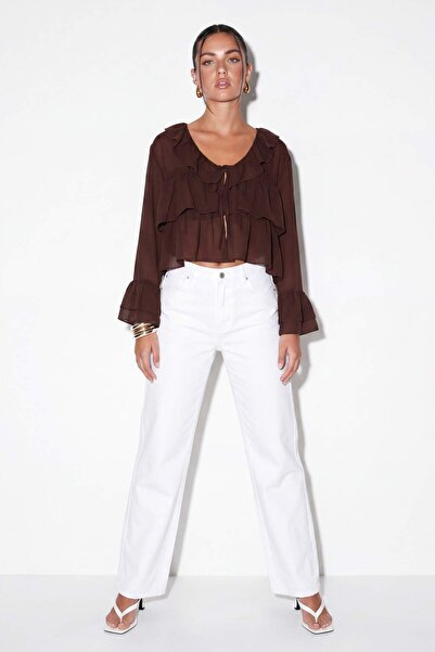 Drop by TrendyolMilla Smeđa široka kragna, nabrana providna bluza TDRSS26BZ00055