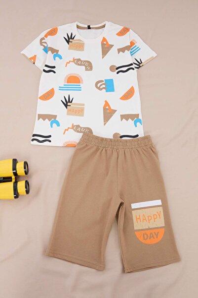 TRENDYOLKIDS طقم سفلي وعلوي محبوك باللون البني مطبوع TKDSS26AU00108