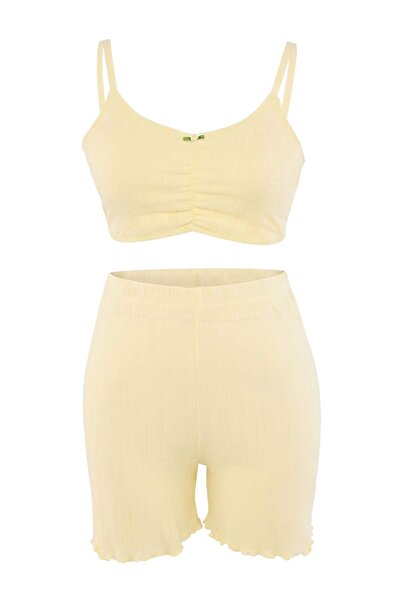Trendyol Curve Set galben din 3 piese, cu model, pijamale mărime mare TBBSS26...