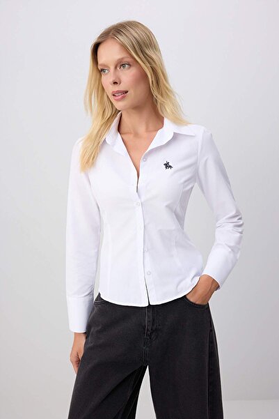 Trendyol Collection White Fitted Shirt with Horse Embroidery and Woven Detail...