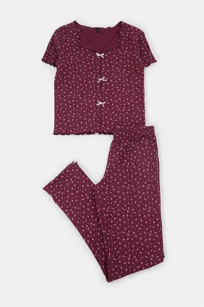 Trendyol Collection Plum 100% Cotton Floral Baby Overlock Pointel Knitted Paj...