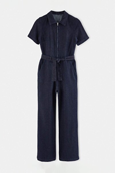 Trendyol Kollektion Dunkelblauer, drapiertes, kurzärmliges Jeans-Overall mit ...