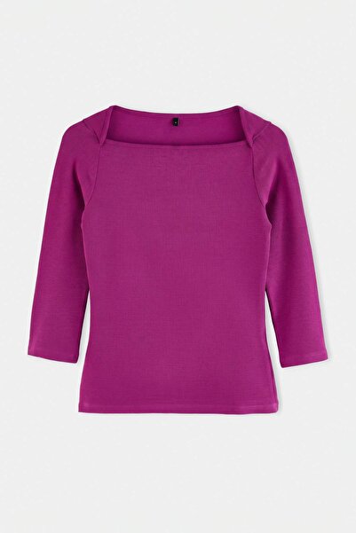 Trendyol Collection Purple Plain Fitted/Body-Fitting Boat Neck Three-Quarter ...