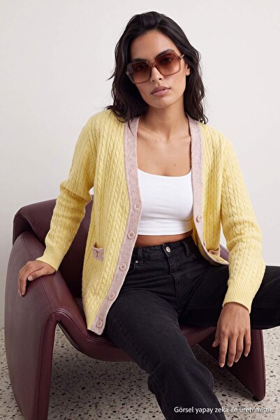 Trendyol Modest Tricotaj din tricot cu blocuri de culoare galbenă, cardigan h...