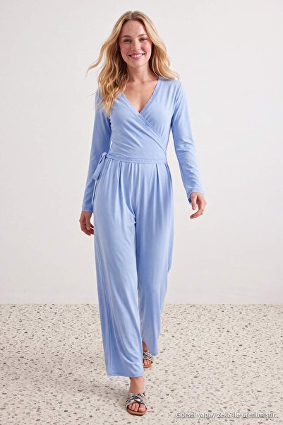 Trendyol Collection Light Blue Lace Detailed Double Breasted Viscose Knitted ...
