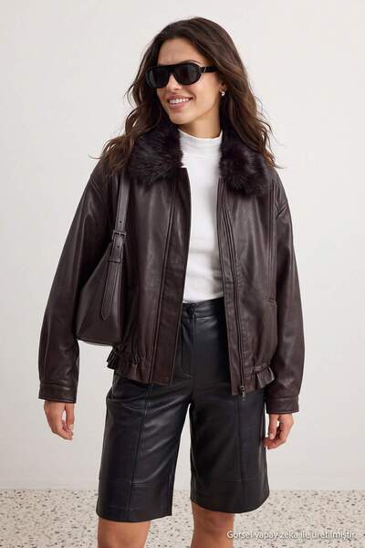 Trendyol Collection Brown Oversize Faux Leather Coat with Fur Lining and Coll...