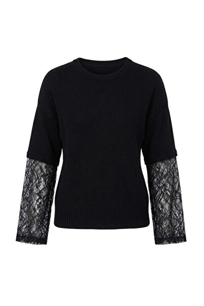 Trendyol Collection سترة تريكو سوداء مزينة بالدانتيل على أطراف الأكمام TWOAW2...