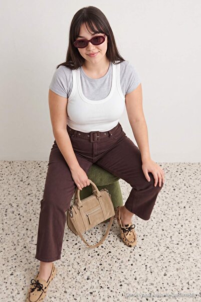 Trendyol Curve Brown High Waist Belted Plus Size Jeans Tbbaw27Cj00013