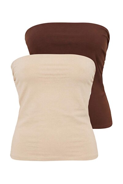 Trendyol Curve Bluză tricotată elastică, croi crop, maro-bej, pachet de 2 buc...