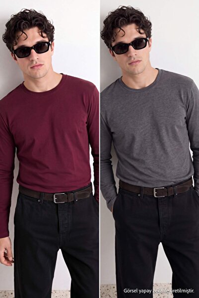Trendyol Collection Anthracite Melange-Burgundy 2-Pack 100% Cotton Long Sleev...