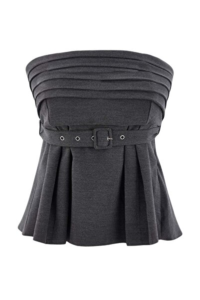 Trendyol Collection Anthracite Belted Blouse with Detailed Weaving and Button...