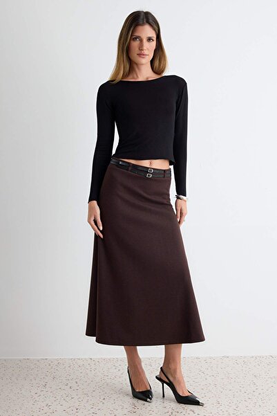 Trendyol Collection Brown A-Line/A-Line Form Belted Midi Length Thick Interlo...