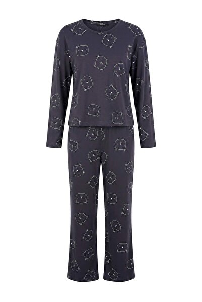 Trendyol Collection Black 100% Cotton Teddy Bear Knitted Pajama Set Thmaw25Pt...