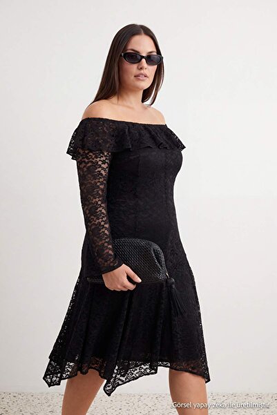 Trendyol Curve Black Ruffled Collar Lace Detailed Knitted Plus Size Dress Tbb...