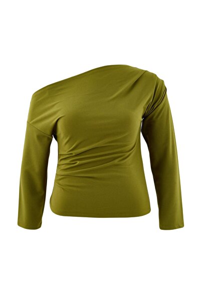 Trendyol Curve Oil Green Shirred/Draped Detailed Draped Asymmetric Neckline K...