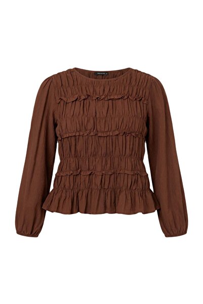 Trendyol Curve Brown Seersucker Woven Plus Size Blouse