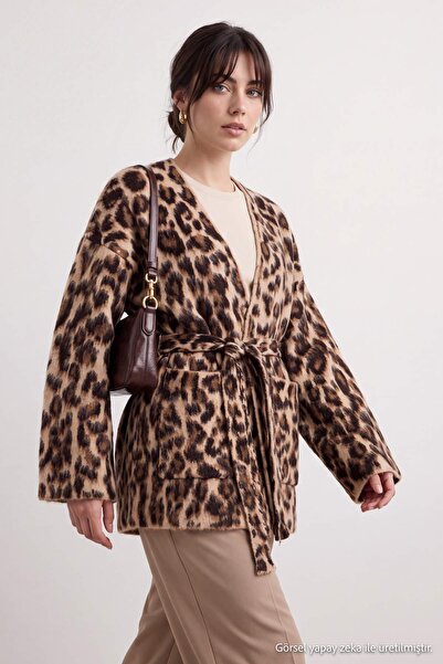 Trendyol Modest Brown Leopard Patterned Belted Long Knit Cardigan Tctaw27Th00002