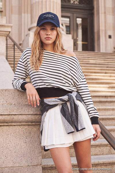 Trendyol Collection Black-Ecru Striped Asymmetric Collar Waist-Fitted Low-Sle...