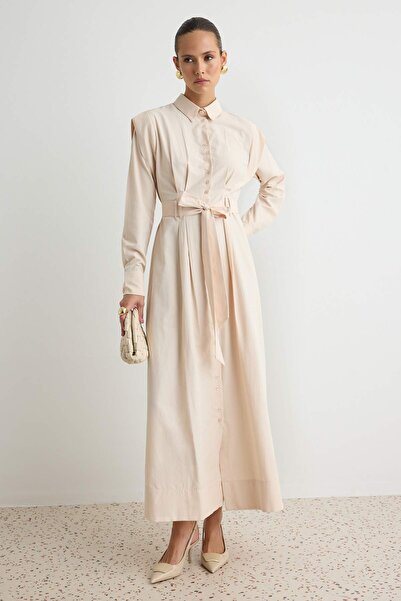Trendyol Modest Béžová sukně se zlatými knoflíky a plisovaným detailem, maxi ...