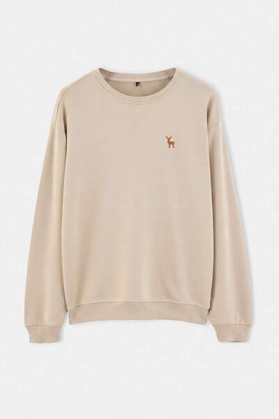 Trendyol Collection Stone Oversize/Relaxed Fit Deer Embroidered Sweatshirt Tm...