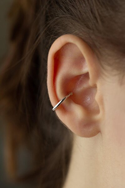 BY BARUN SİLVER Kıkırdak Earcuff Halka Yuvarlak Beyaz Silver Sıkıştırmalı Güm...