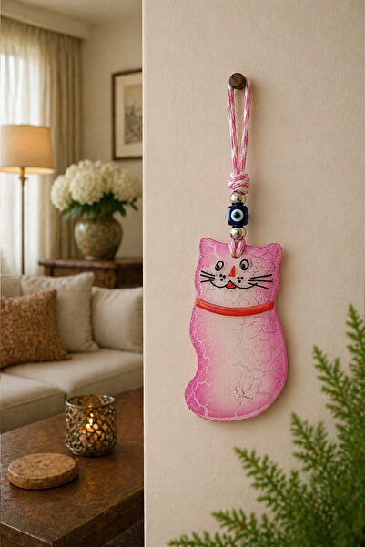 KHAKMA Pembe Kedi Nazar Boncuklu Duvar Süsü Kapı süsü– Cam Nazar Kedi Dekorat...