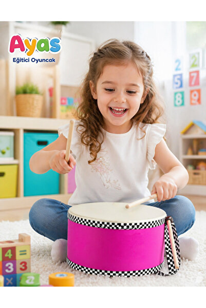 AyasEğiticiOyuncak Pembe Orjinal Deri Askılı Çocuk Davul.