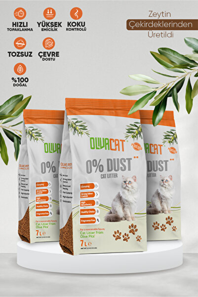 Olivacat Zeytin Çekirdeğinden Üretilen Doğal Tozsuz Kedi Kumu 7L x 3 Adet