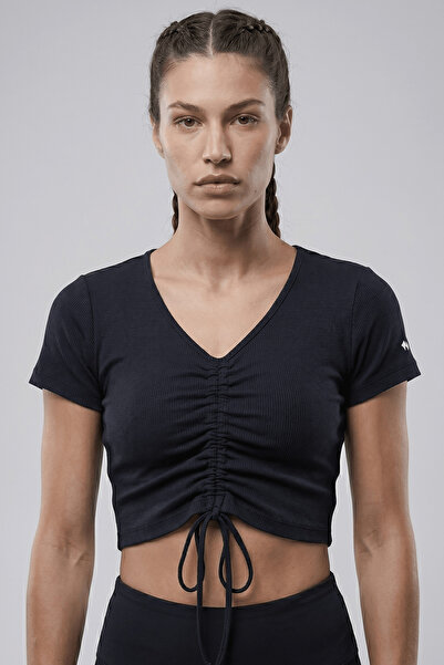 Woneagle Lacivert V Yaka İp Büzgülü Crop Basic Tişört