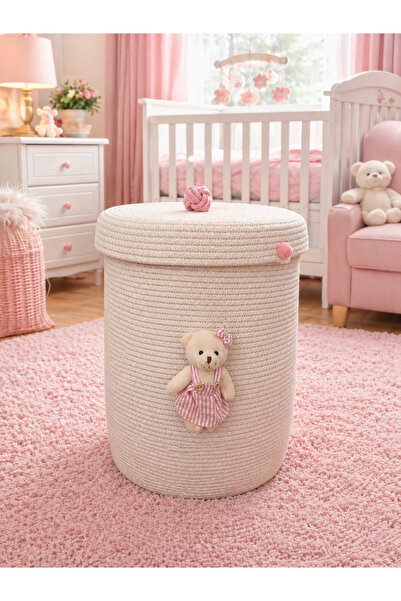 Bohemahomedecor Εκρού χρώματος παιδικός οργανωτής καλαθιού παιχνιδιών με ροζ ...